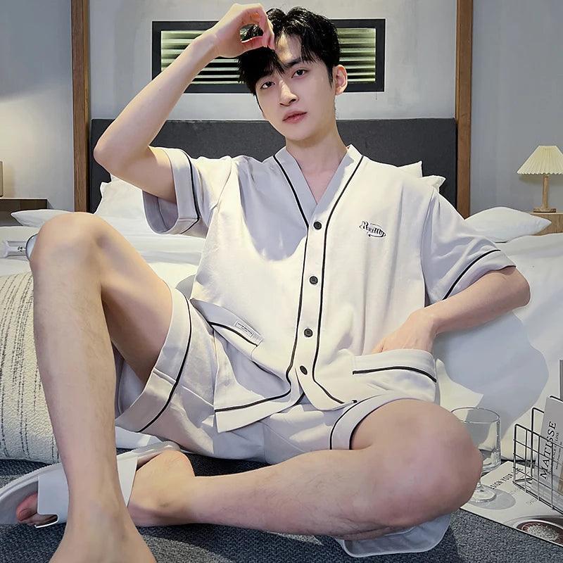 Men's Kimono Sleepwear Set - Cotton Summer Pajamas, Casual Short Sleeve Loungewear - ClubOn