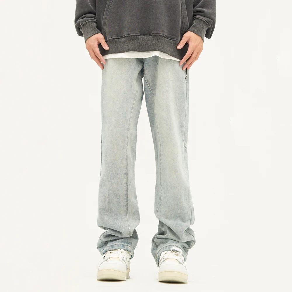 Men's Washed-Out Distressed Denim Jeans - Casual Blue Streetwear Vintage Zip Pocket Pants - ClubOn