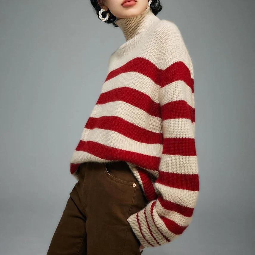 Vintage Retro Turtleneck Jumper - Striped Knitted Sweater - ClubOn