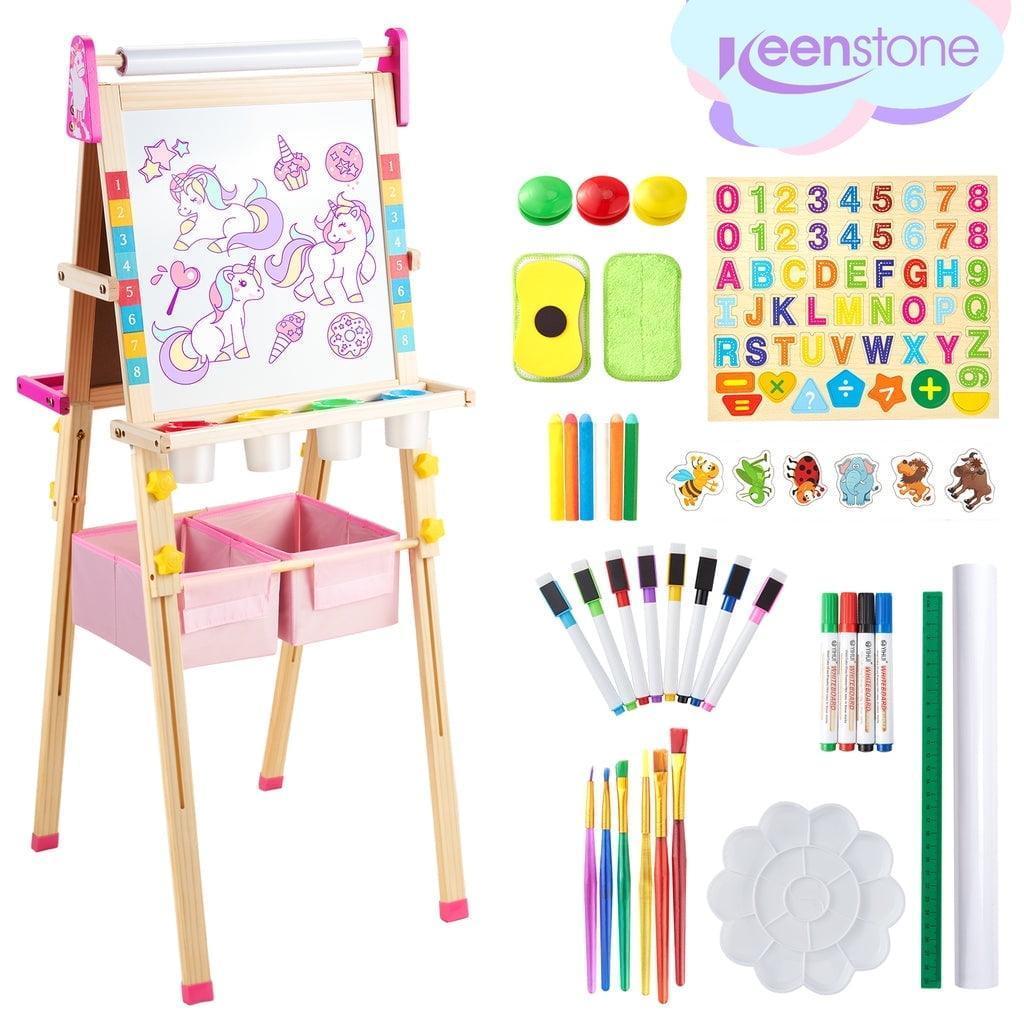 Keenstone Unicorn Art Easel for Kids – Wooden Chalk Board, Magnetic Whiteboard & Painting Paper Stand, Educational Gift for Toddlers 3-8 - ClubOn