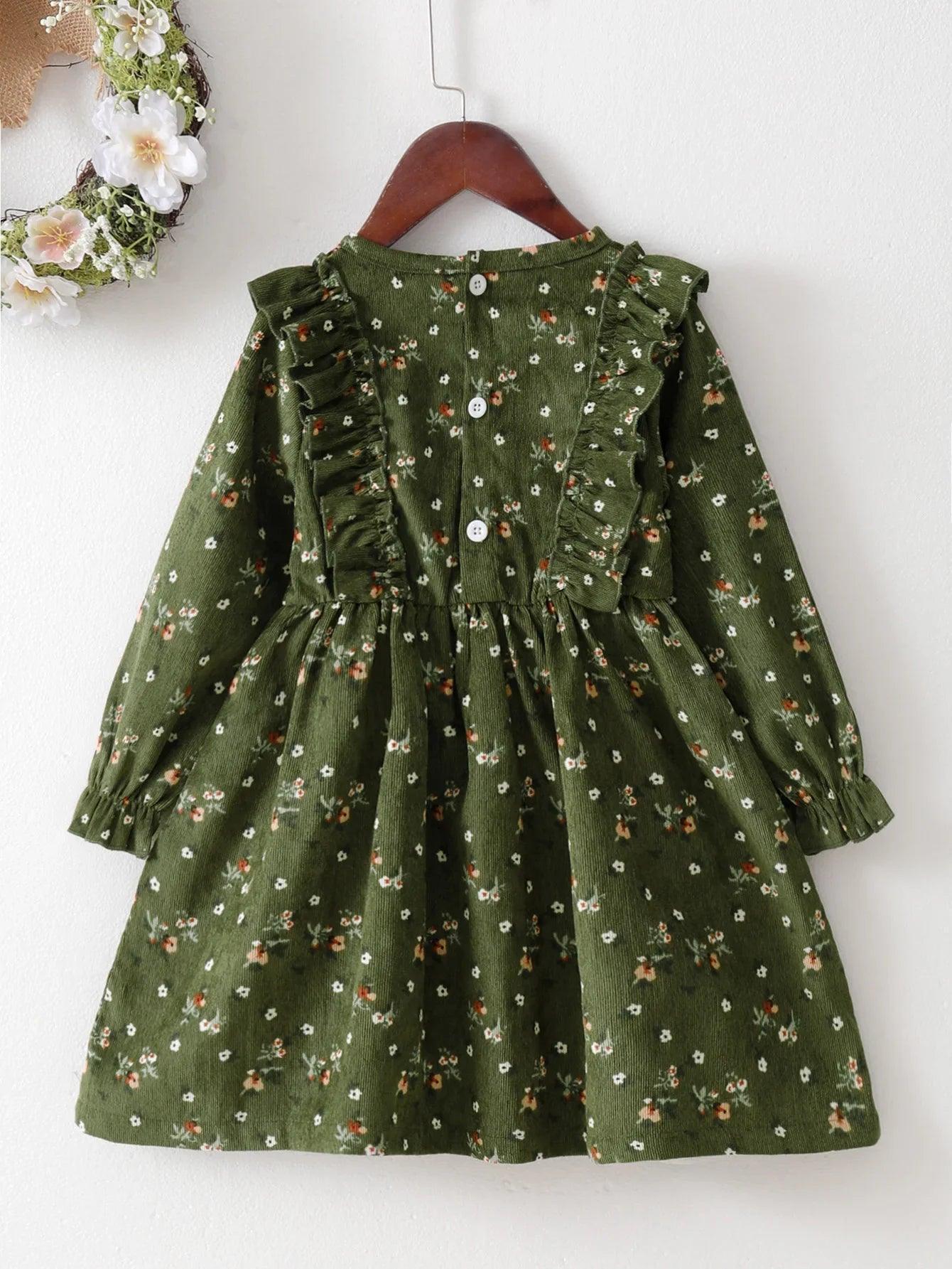 Girls' Green Floral Corduroy Long Sleeve Dress (1-6 Years) - ClubOn