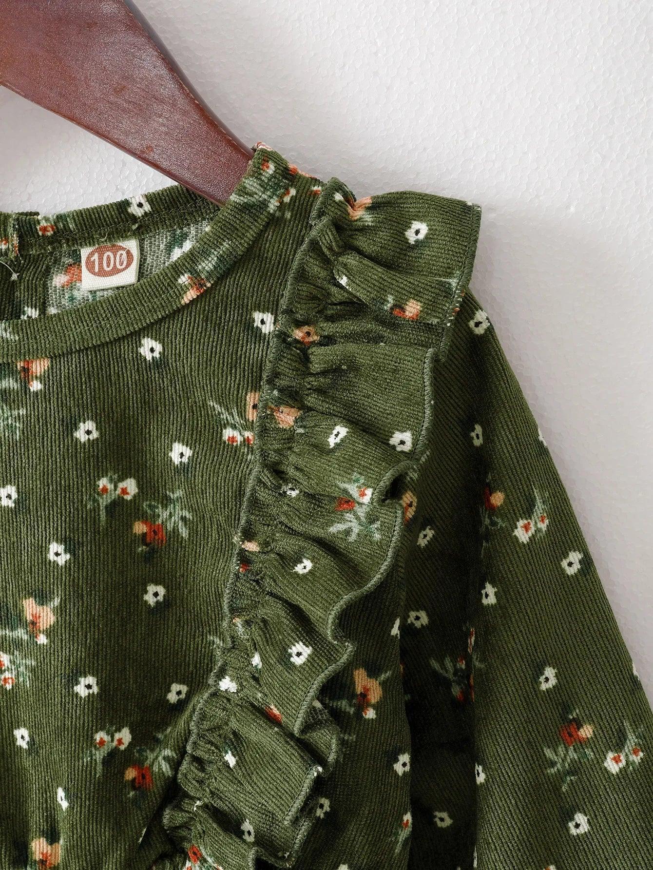 Girls' Green Floral Corduroy Long Sleeve Dress (1-6 Years) - ClubOn