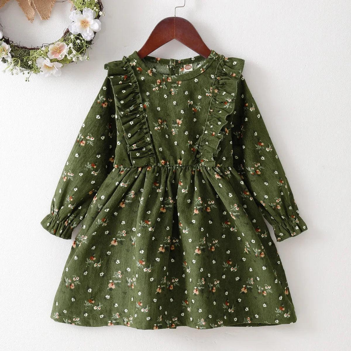 Girls' Green Floral Corduroy Long Sleeve Dress (1-6 Years) - ClubOn