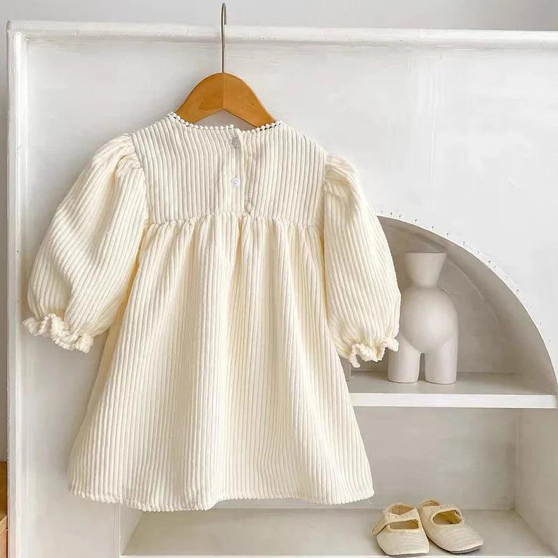 Autumn Baby Girl Corduroy Princess Dress with Puff Sleeves - ClubOn