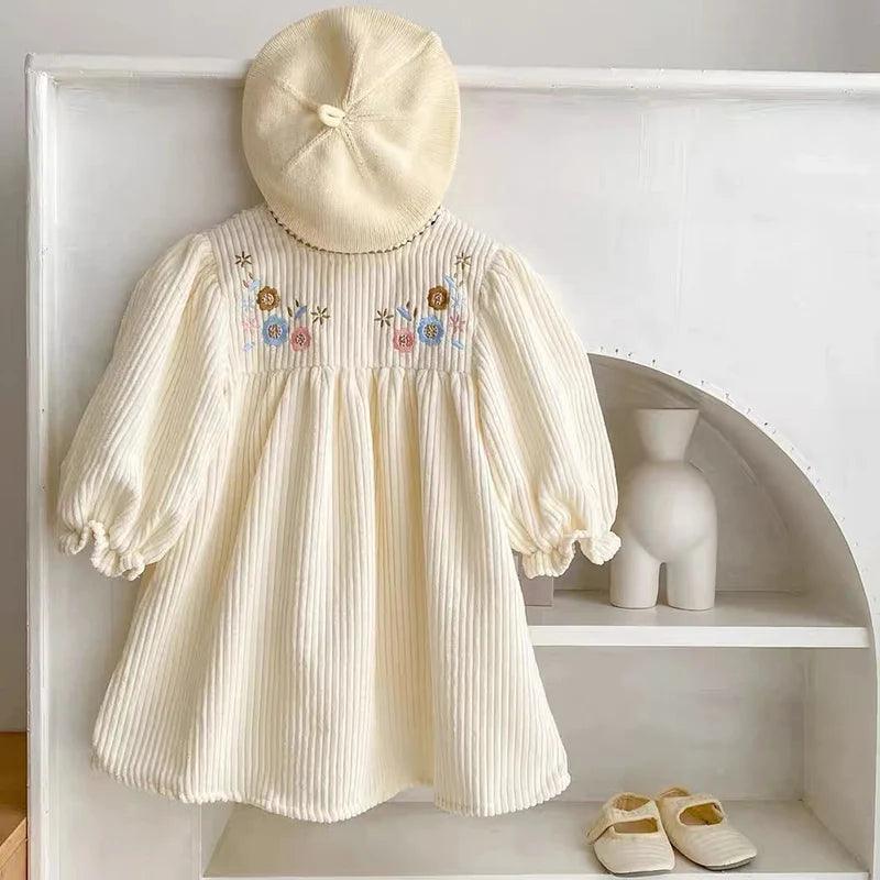 Autumn Baby Girl Corduroy Princess Dress with Puff Sleeves - ClubOn