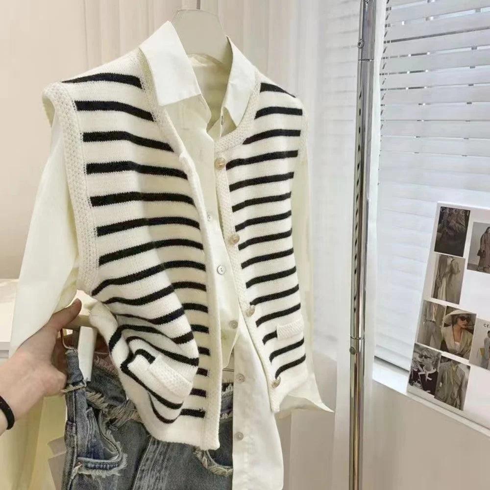Chic Knit Vest - Stripe Sleeveless Sweater for Office Ladies - ClubOn