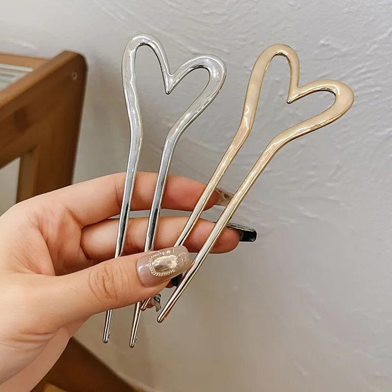 Korean Metal U-Shape Hair Pins – Elegant Heart Shaped Hair Sticks in Silver & Gold for Women - ClubOn
