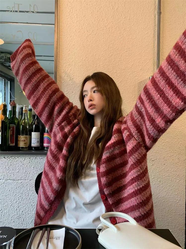 Korean Style Red Streak Striped Cardigan - V Neck Sweater - ClubOn