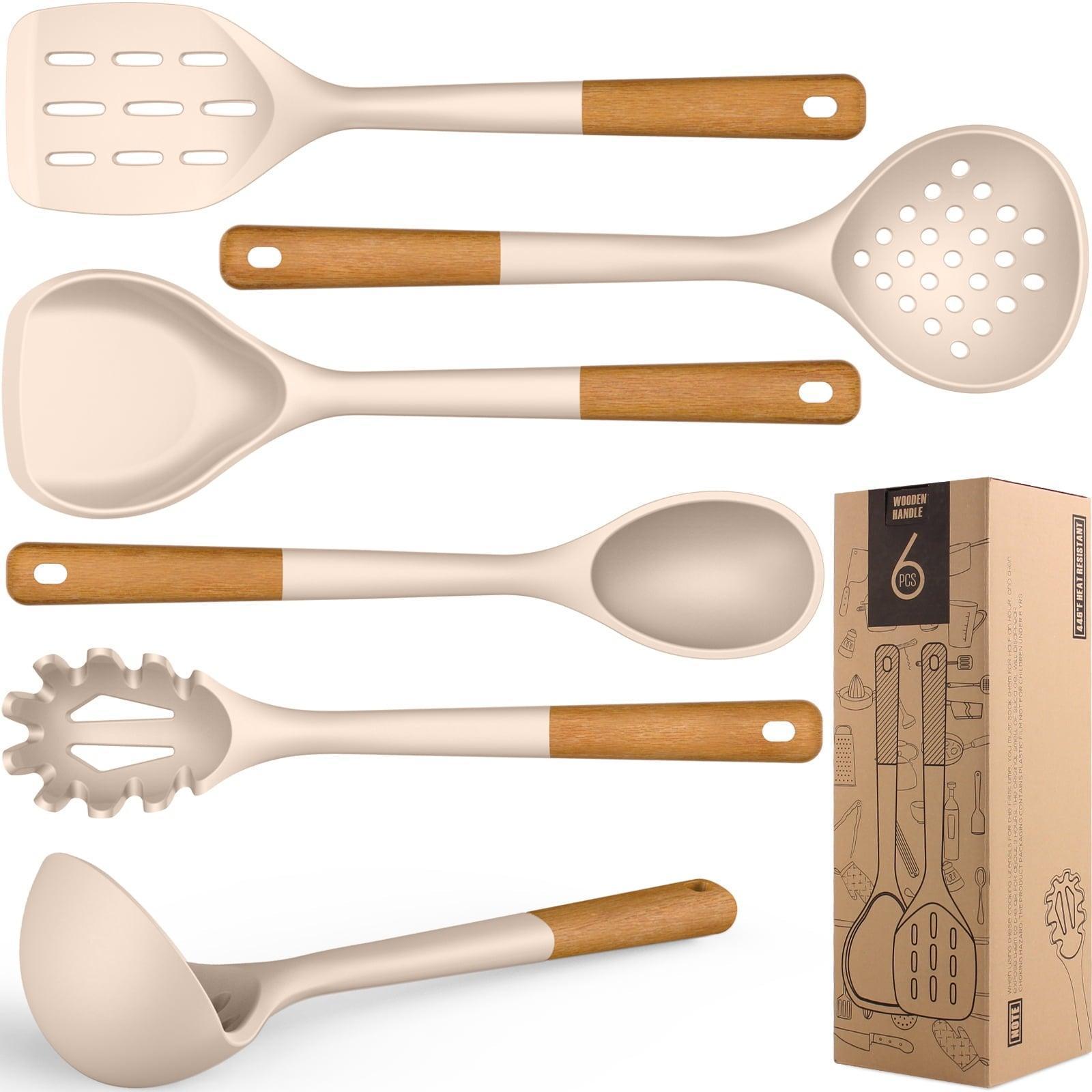 Large Silicone Cooking Utensils Set – Heat-Resistant Kitchen Tools with Wooden Handles, Spatula, Turner, Slotted Spoon, Pasta Server, Khaki - ClubOn