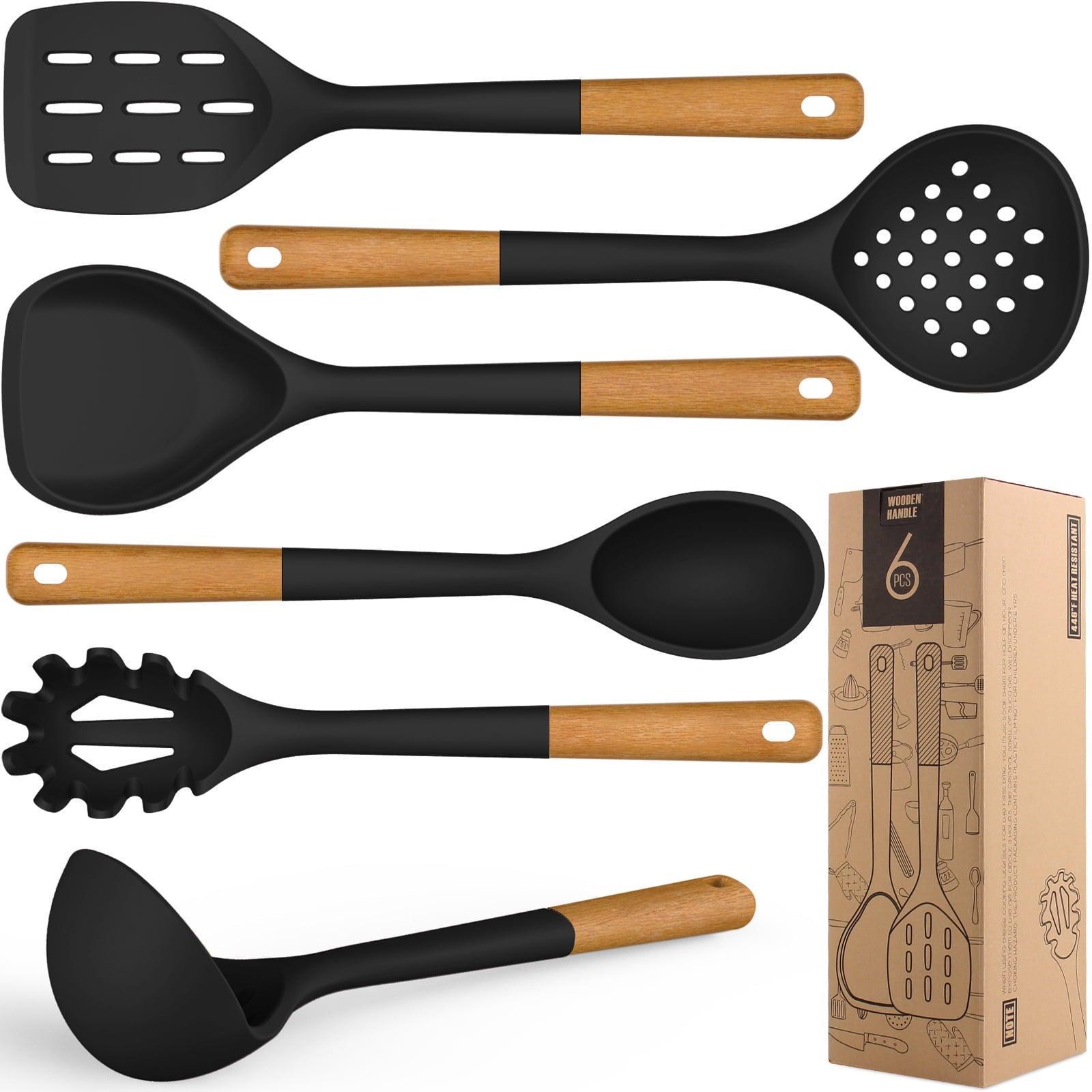 Large Silicone Cooking Utensils Set – Heat-Resistant Kitchen Tools with Wooden Handles, Spatula, Turner, Slotted Spoon, Pasta Server, Khaki - ClubOn