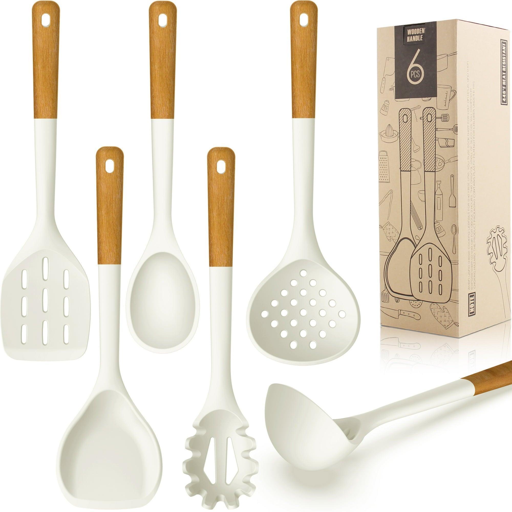Large Silicone Cooking Utensils Set – Heat-Resistant Kitchen Tools with Wooden Handles, Spatula, Turner, Slotted Spoon, Pasta Server, Khaki - ClubOn