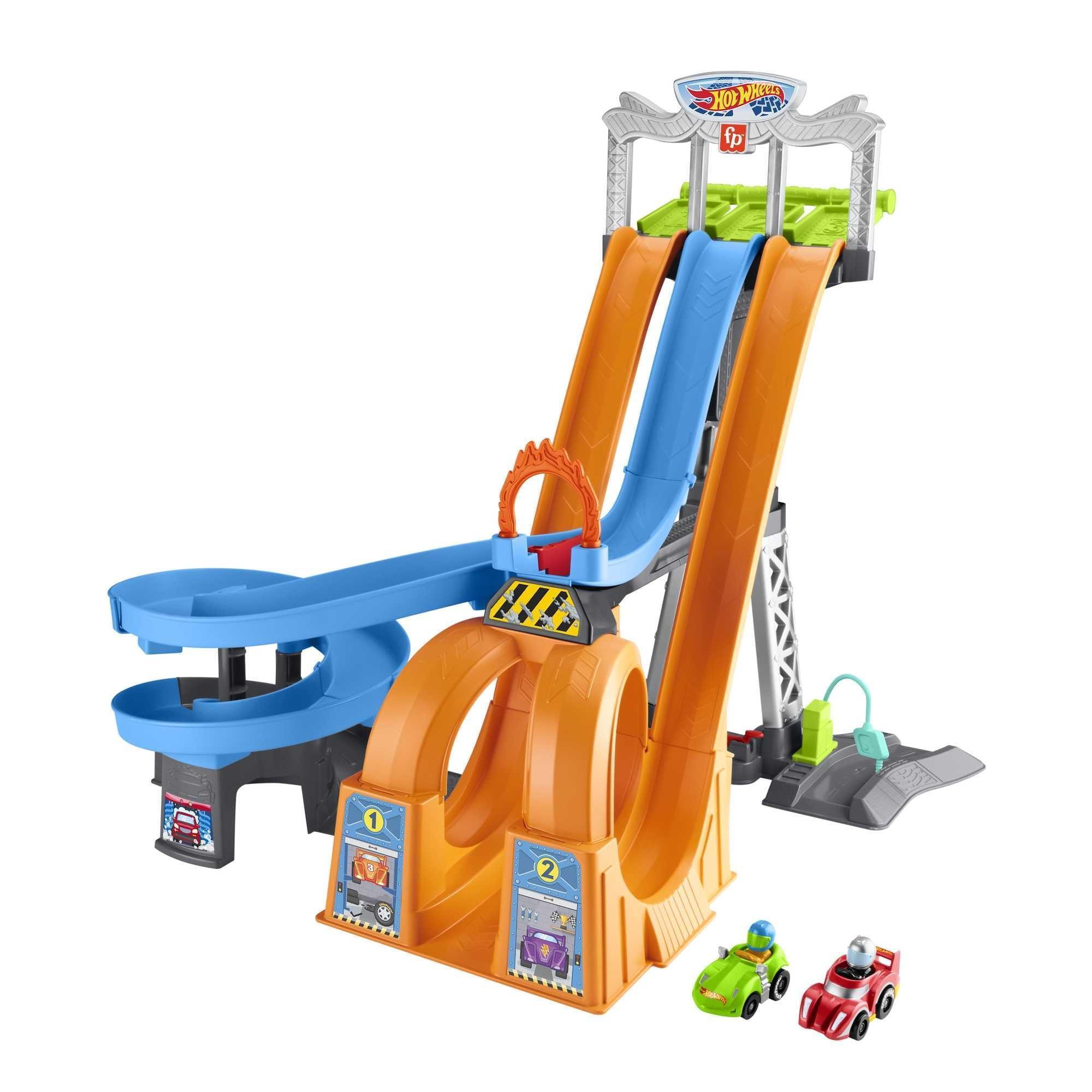 Little People Hot Wheels Track Playset Racing Loops Tower with 2 Toy Cars, Ages 18 Months and Up - ClubOn