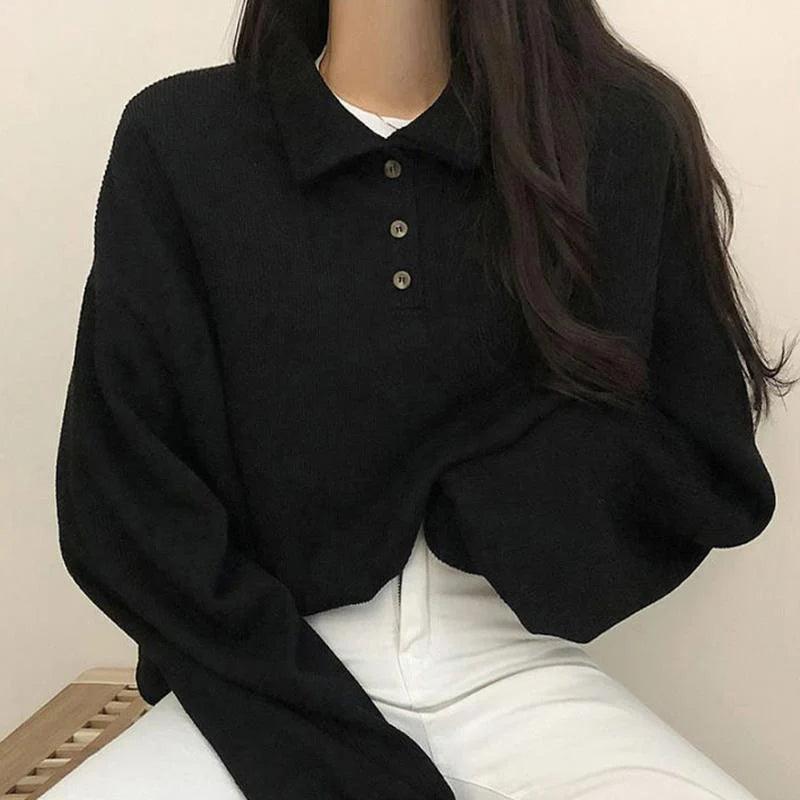 Ribbed Pullovers for Women - Preppy Style Turndown Collar - ClubOn