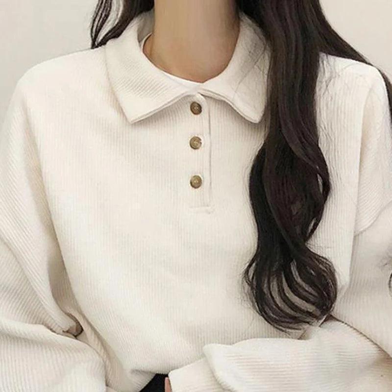 Ribbed Pullovers for Women - Preppy Style Turndown Collar - ClubOn