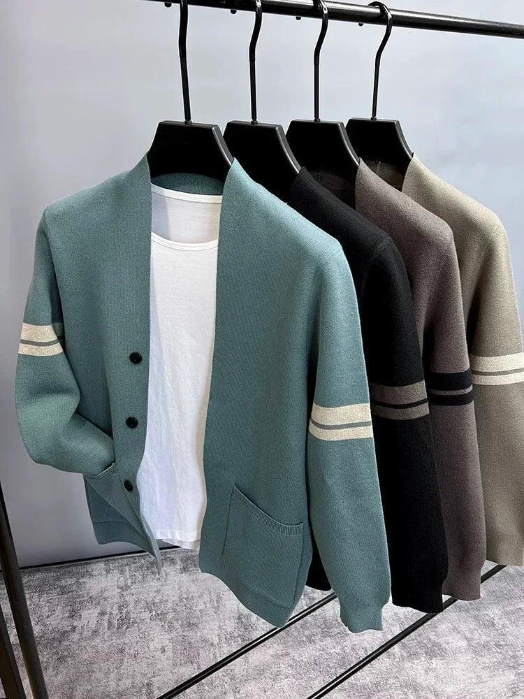 Men's Knitted Cardigan - Korean Style V Collar Shawl Coat - ClubOn