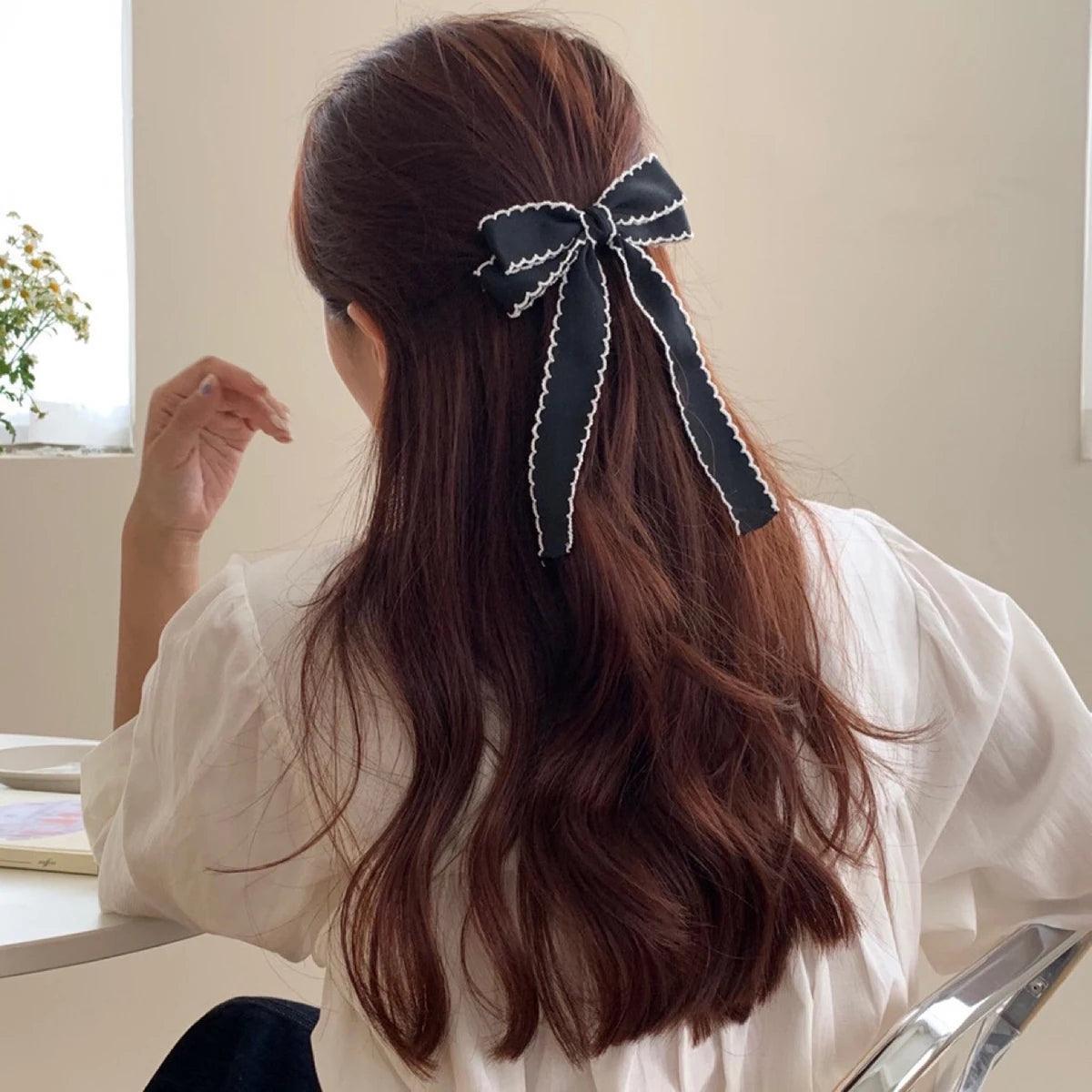 Lystrfac Wavy Ribbon Hair Bow Hairpin – Elegant Black & White Clip for Women & Girls - ClubOn