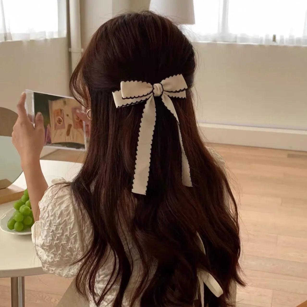 Lystrfac Wavy Ribbon Hair Bow Hairpin – Elegant Black & White Clip for Women & Girls - ClubOn