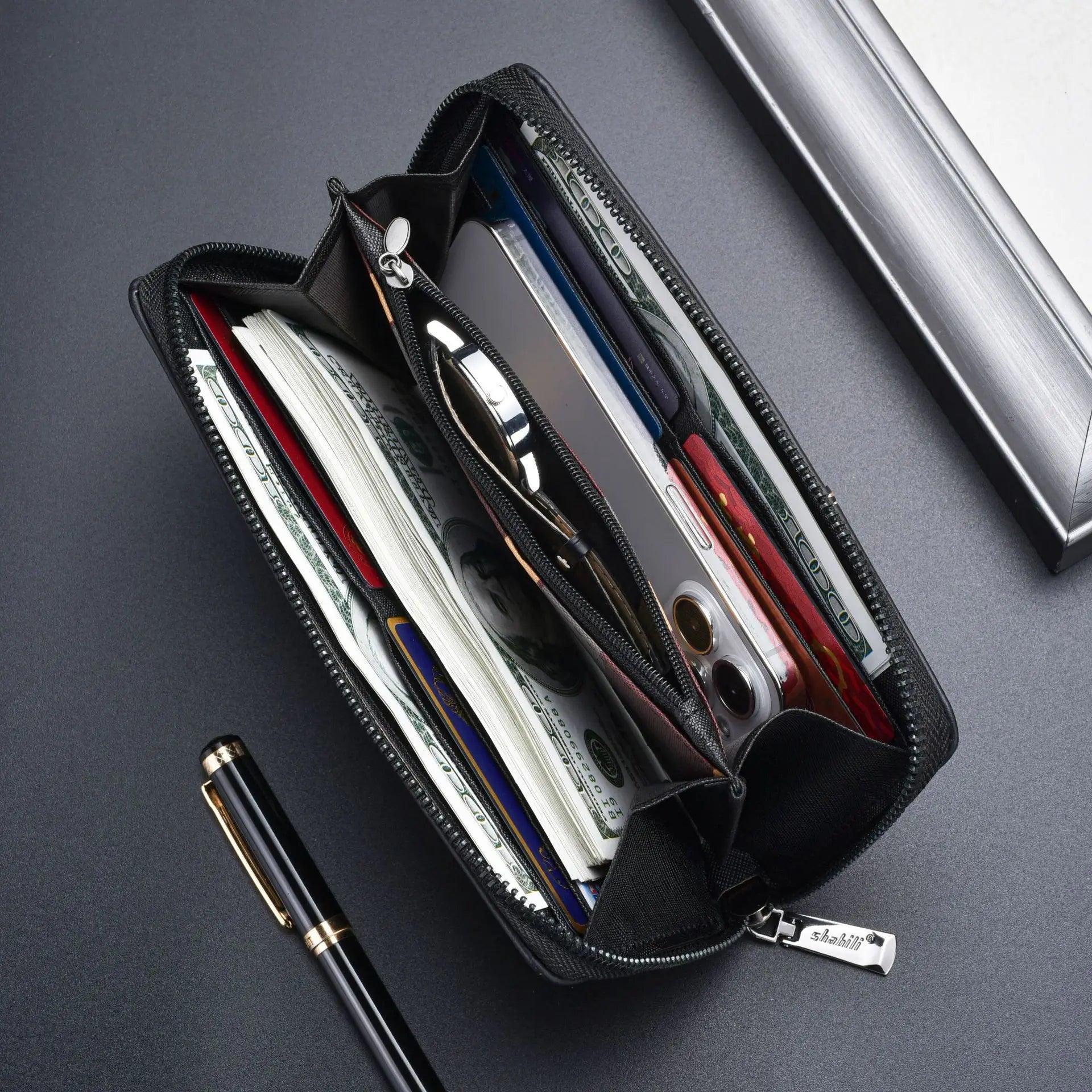 Men’s Long Leather Wallet - Casual Zipper Purse with High Capacity - ClubOn
