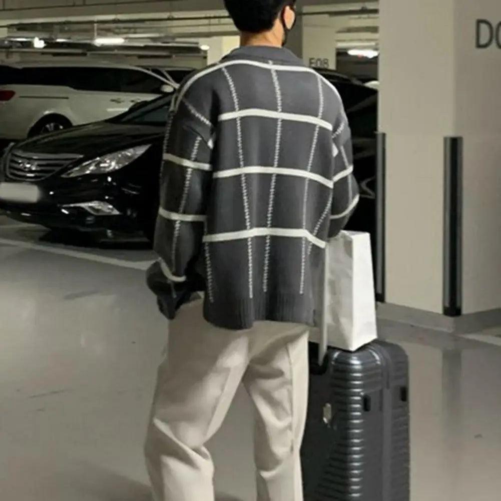 Men's Vintage Knitwear Cardigan - V-Neck Plaid Sweater Coat - ClubOn