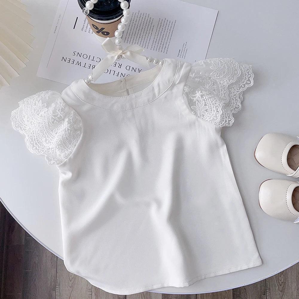 Menoea White Girls Short Sleeve Lace Sleeve Blouse - ClubOn