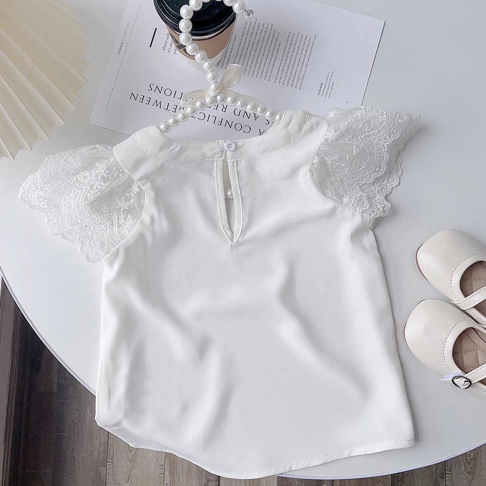 Menoea White Girls Short Sleeve Lace Sleeve Blouse - ClubOn