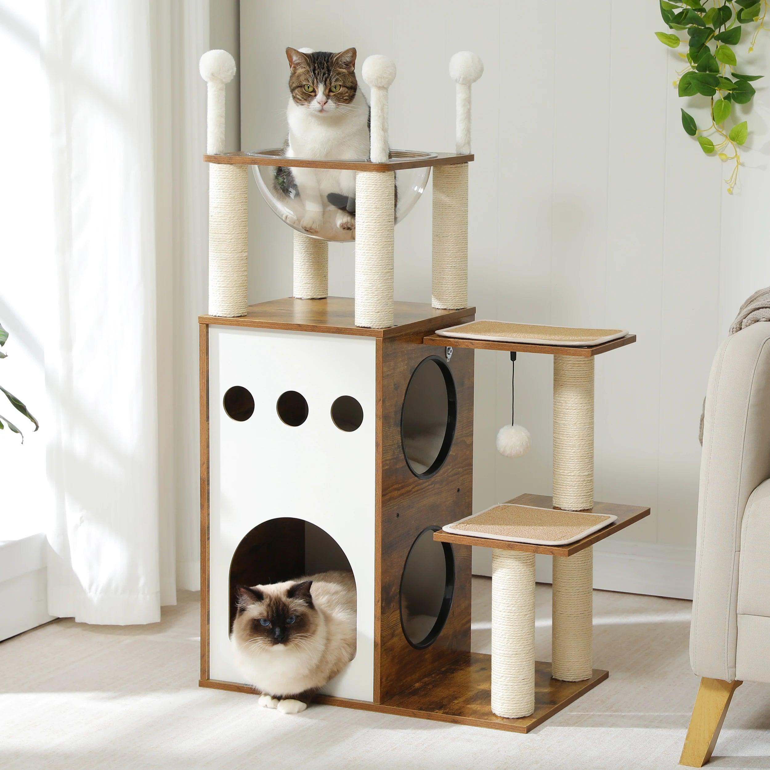 Modern Wooden Cat Tree | 2-Floor Condo with Scratching Posts - ClubOn