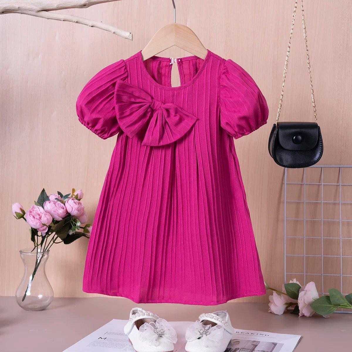 Solid Color Bubble Sleeve Dress with Bow for Girls - ClubOn