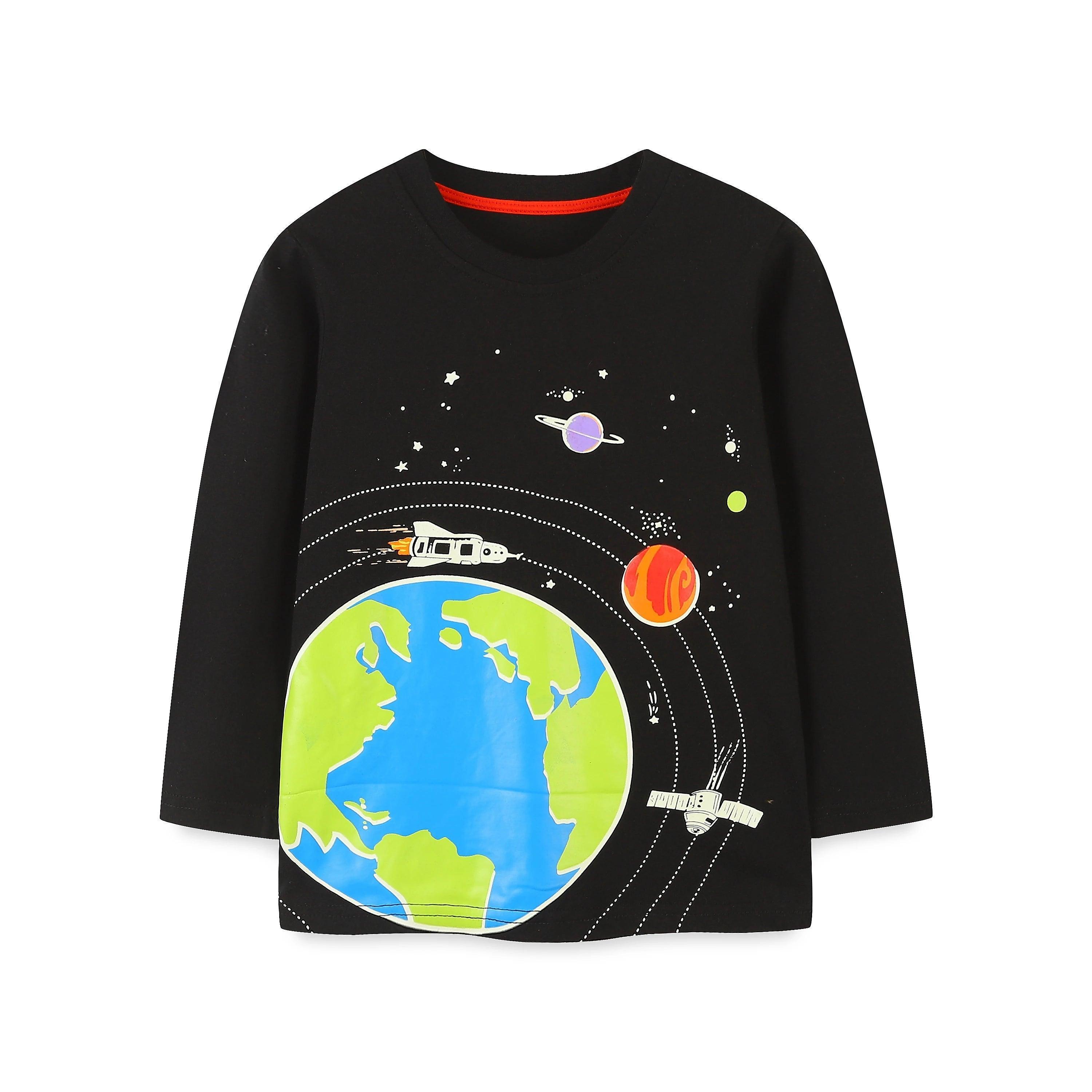 Glow-in-the-Dark Cartoon Space Long Sleeve T-Shirt for Boys - ClubOn
