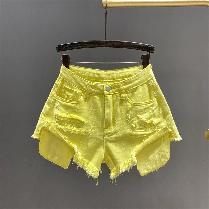 Fluorescent Yellow Wide-Leg Denim Shorts for Women - ClubOn