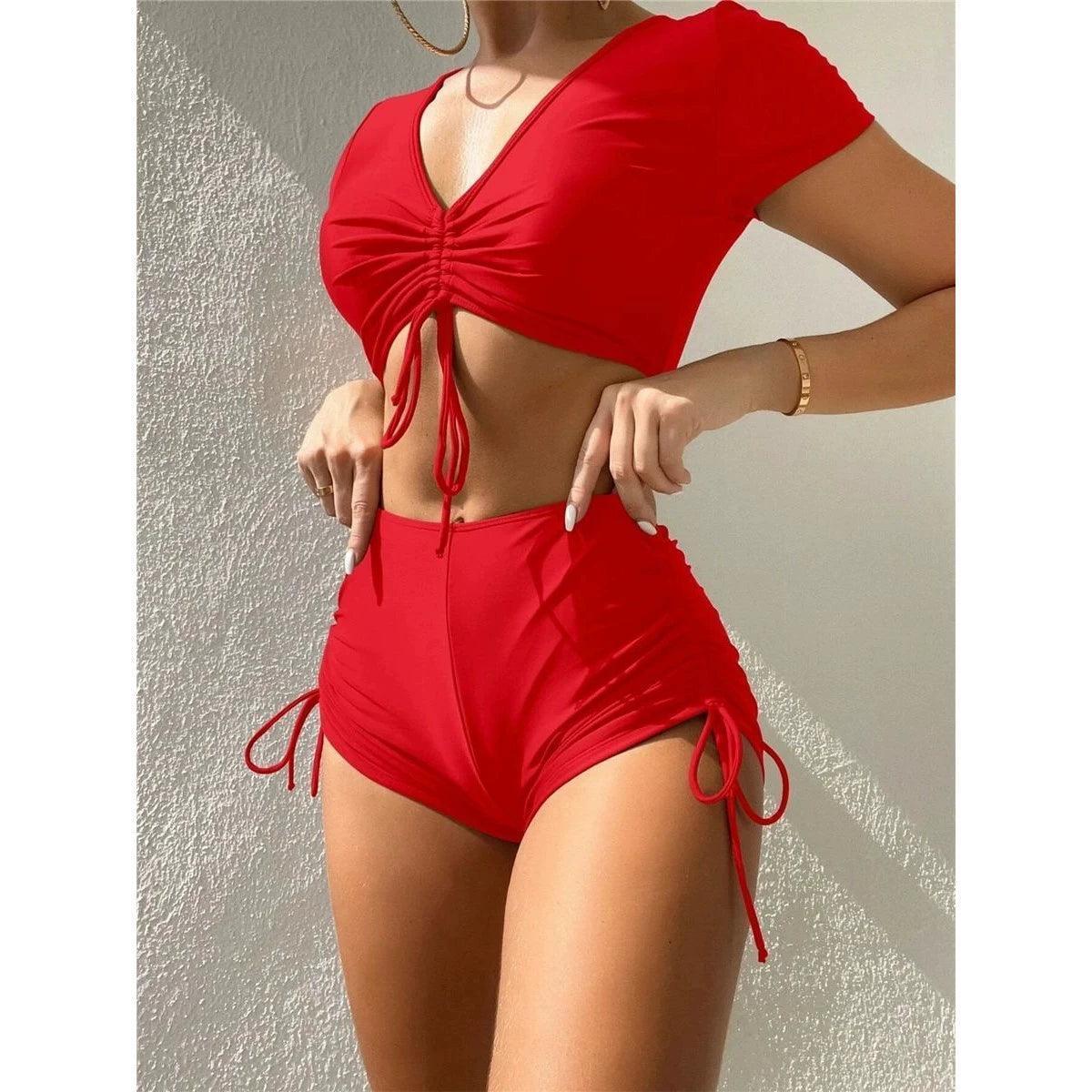 Women’s Drawstring Crop Top Swimsuit – Solid Color - ClubOn
