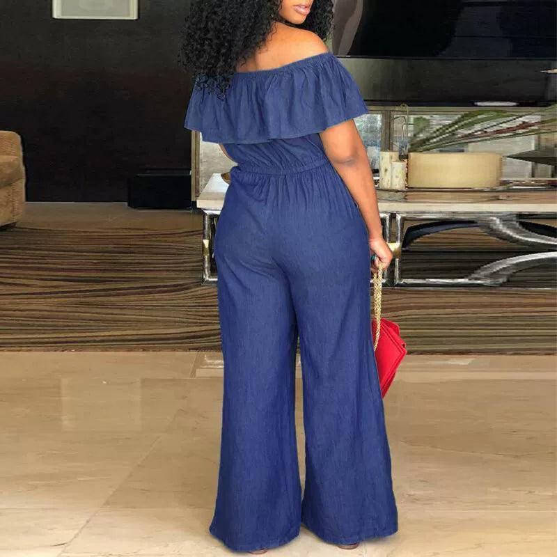 Plus Size One-Shoulder Ruffled Jumpsuit Jeans - Sexy Fashion - ClubOn