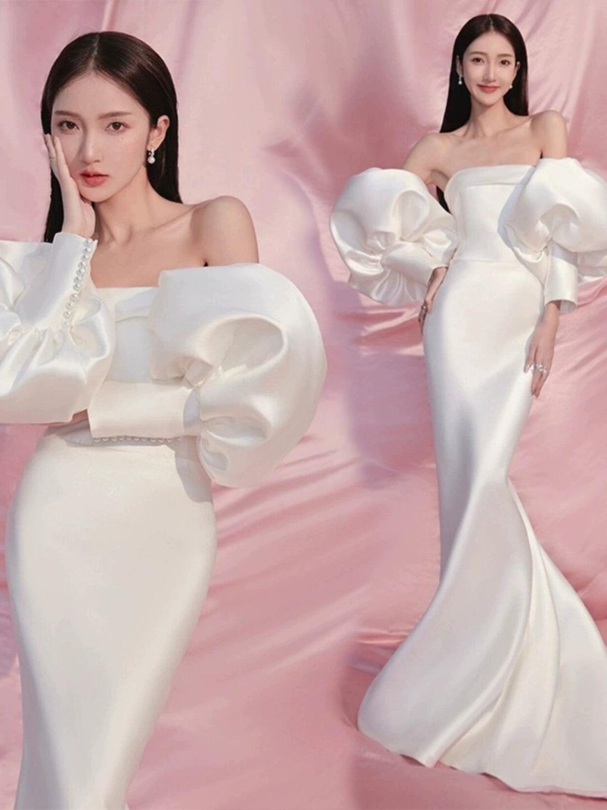 Simple Waist-Cinching Mermaid Puff Sleeve Satin Wedding Dress - ClubOn