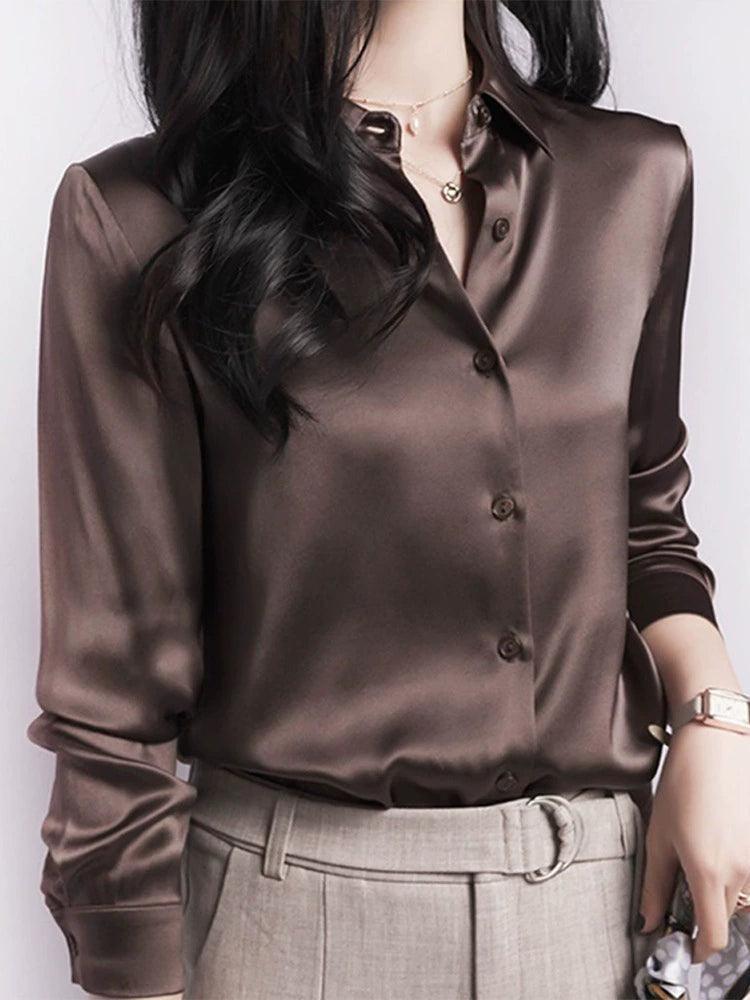 European Coffee Color Acetate Imitation Silk Shirt - ClubOn