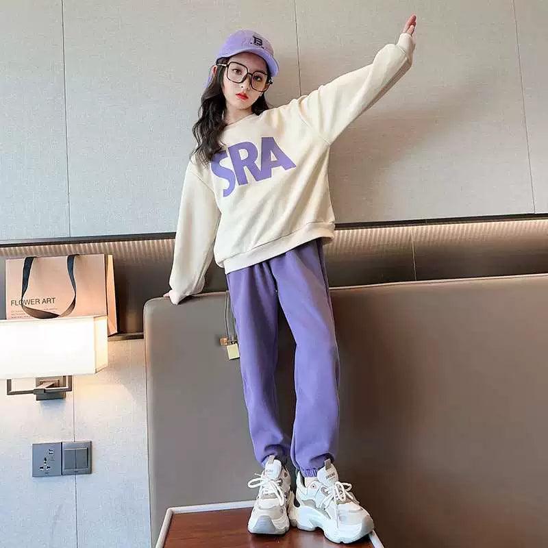 Girls' Casual Two-Piece Suit – Letter Sweatshirt for Spring & Autumn - ClubOn