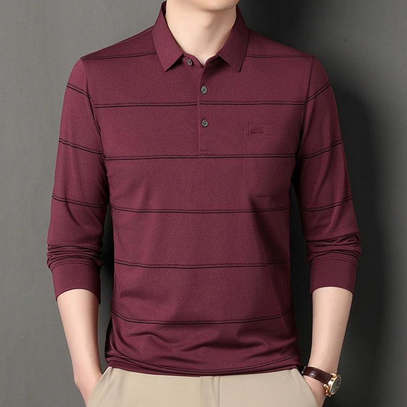 Men’s Long-Sleeved Polo Shirt – Striped Flip Collar Top for Spring & Autumn - ClubOn