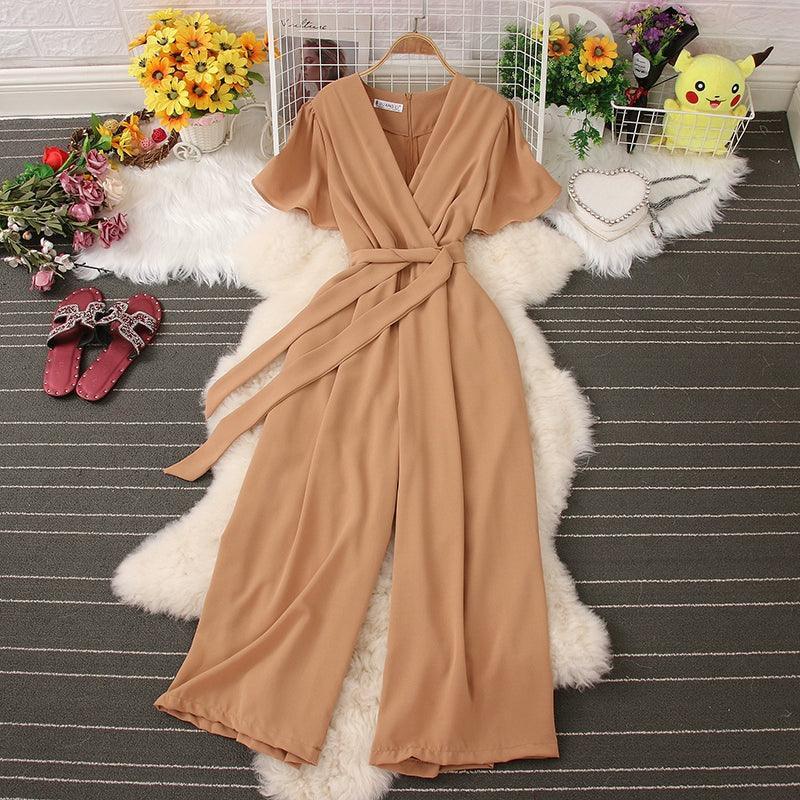 Korean INS V-Neck Tie Waist Jumpsuit for Women - ClubOn