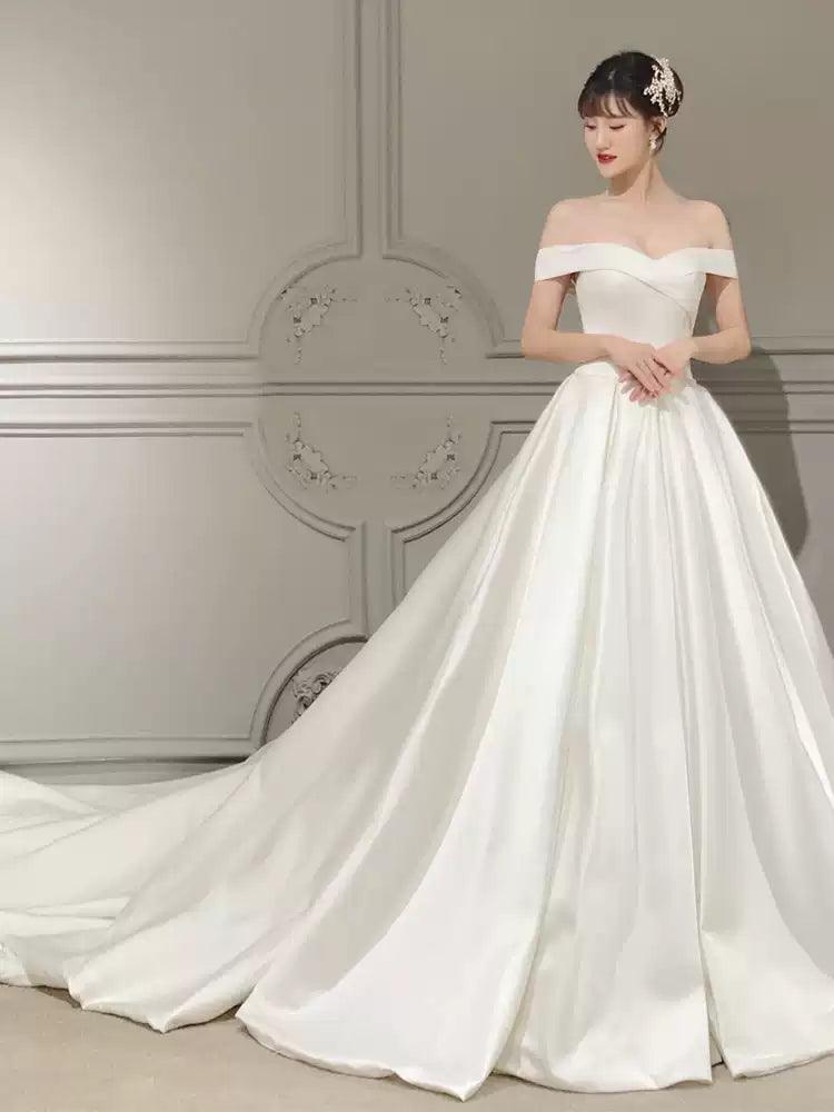 Off-Shoulder Bridal Gown - Vintage Satin Floor-Length Dress for Petite Brides, Simple Summer Photoshoot Gown - ClubOn