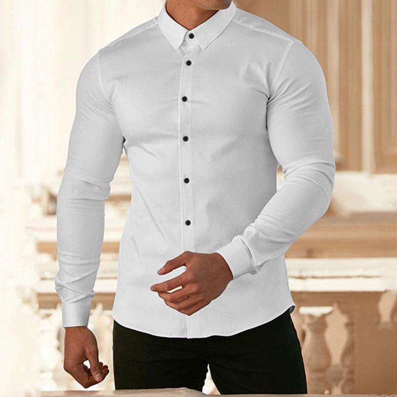 Autumn Men's Casual Solid Color Shirts - Large Size Muscle Fitness Long-Sleeved Shirts - ClubOn