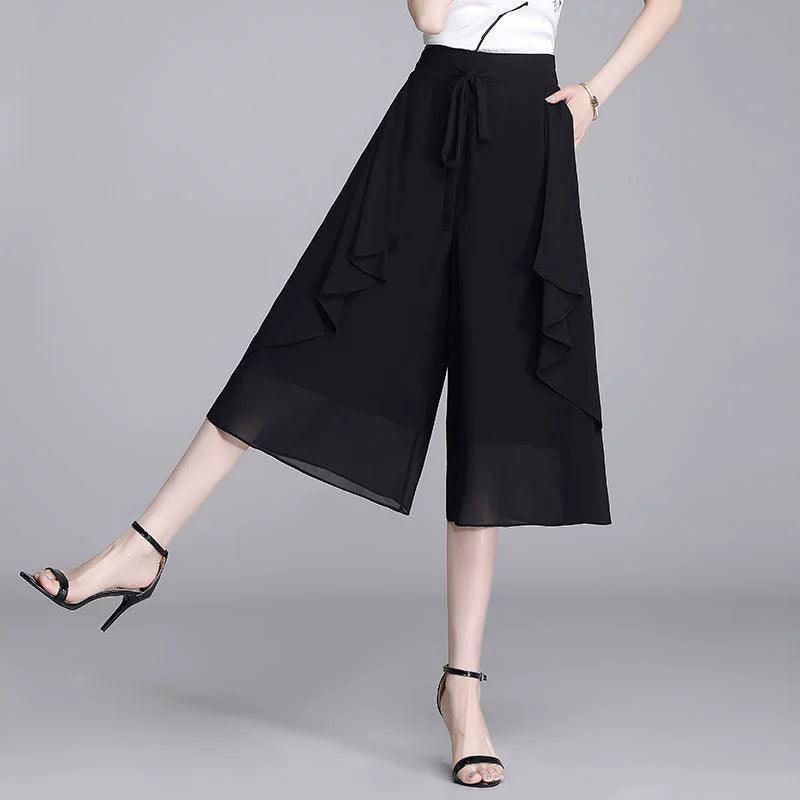 Tie-Strap Drape Chiffon Wide-Leg Pants for Women - ClubOn