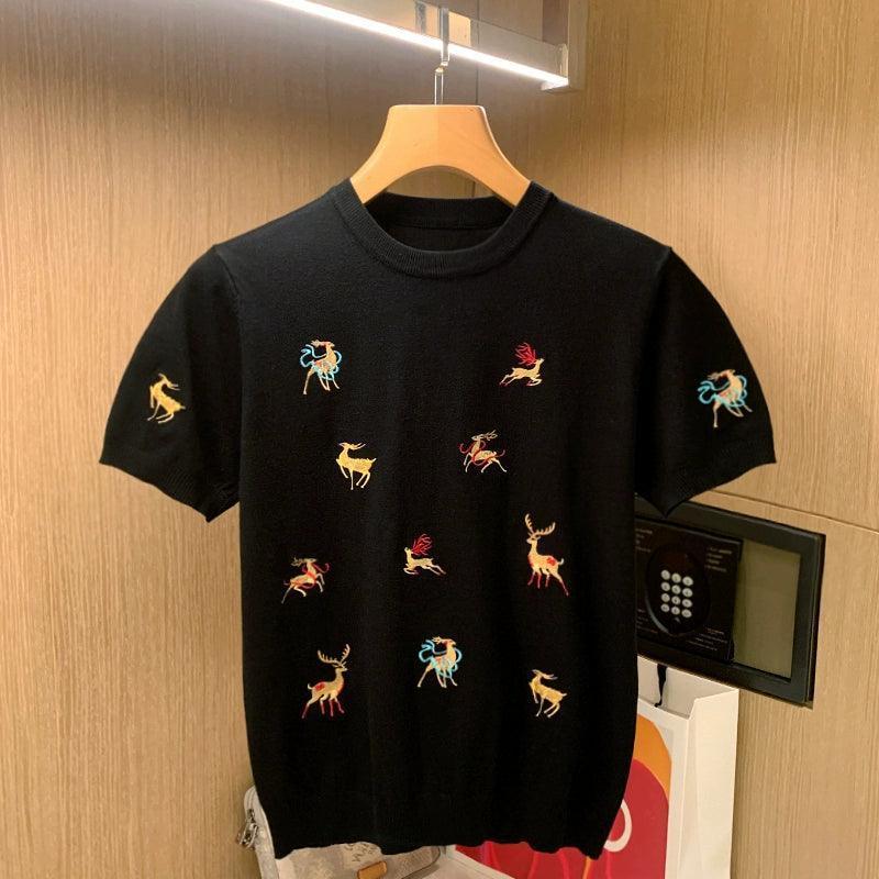Men's Colorful Elk Embroidery T-Shirt - Trendy Knitted Short-Sleeve - ClubOn