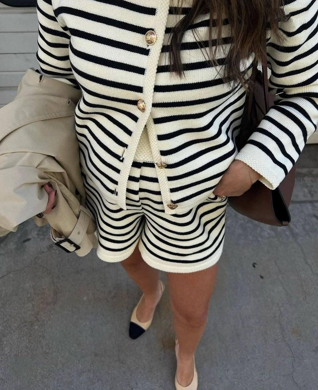 Women’s Striped Knitted Cardigan and Shorts Set - ClubOn