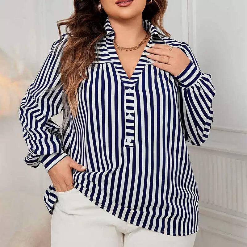Plus Size Women's Shirt, Autumn Fashion Stripes Loose Tops - ClubOn