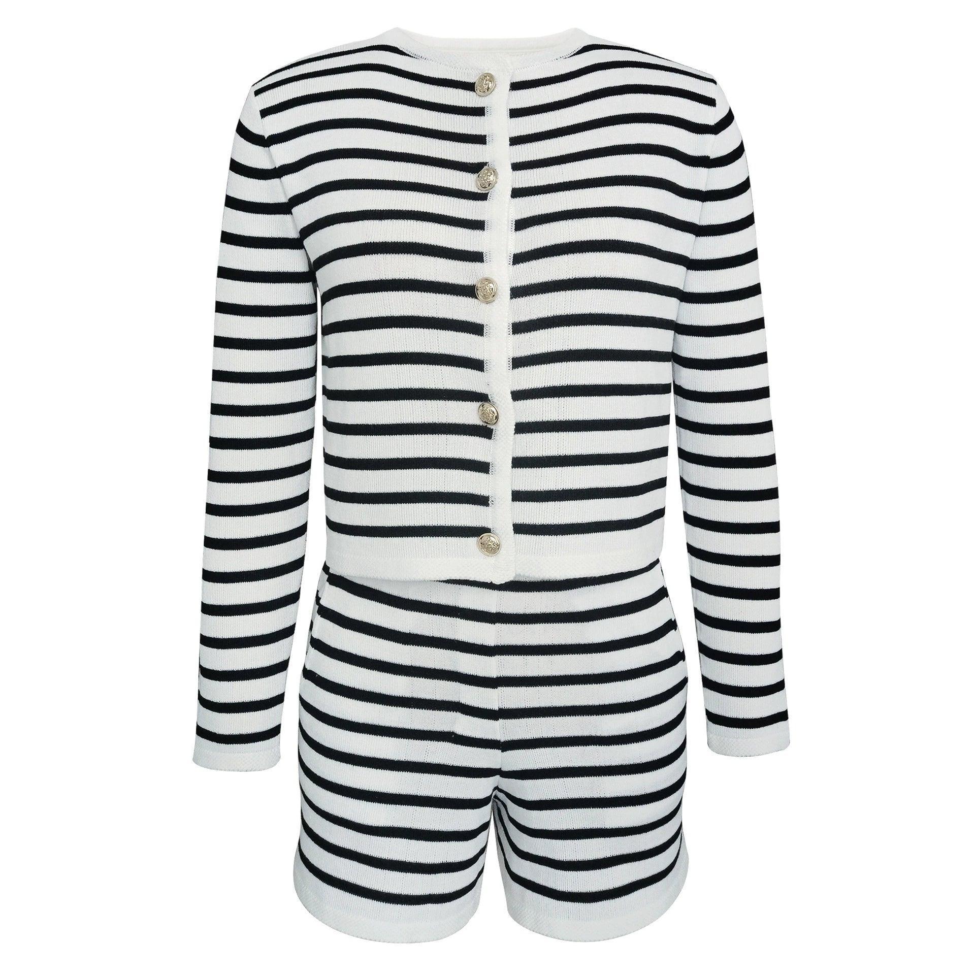 Women’s Striped Knitted Cardigan and Shorts Set - ClubOn