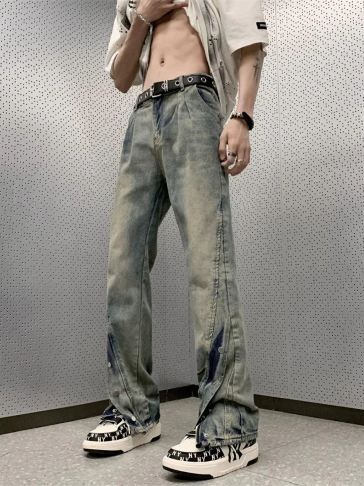 Street Hiphop Men's Jeans - Loose, Washed, Buttoned Flared Pants - ClubOn