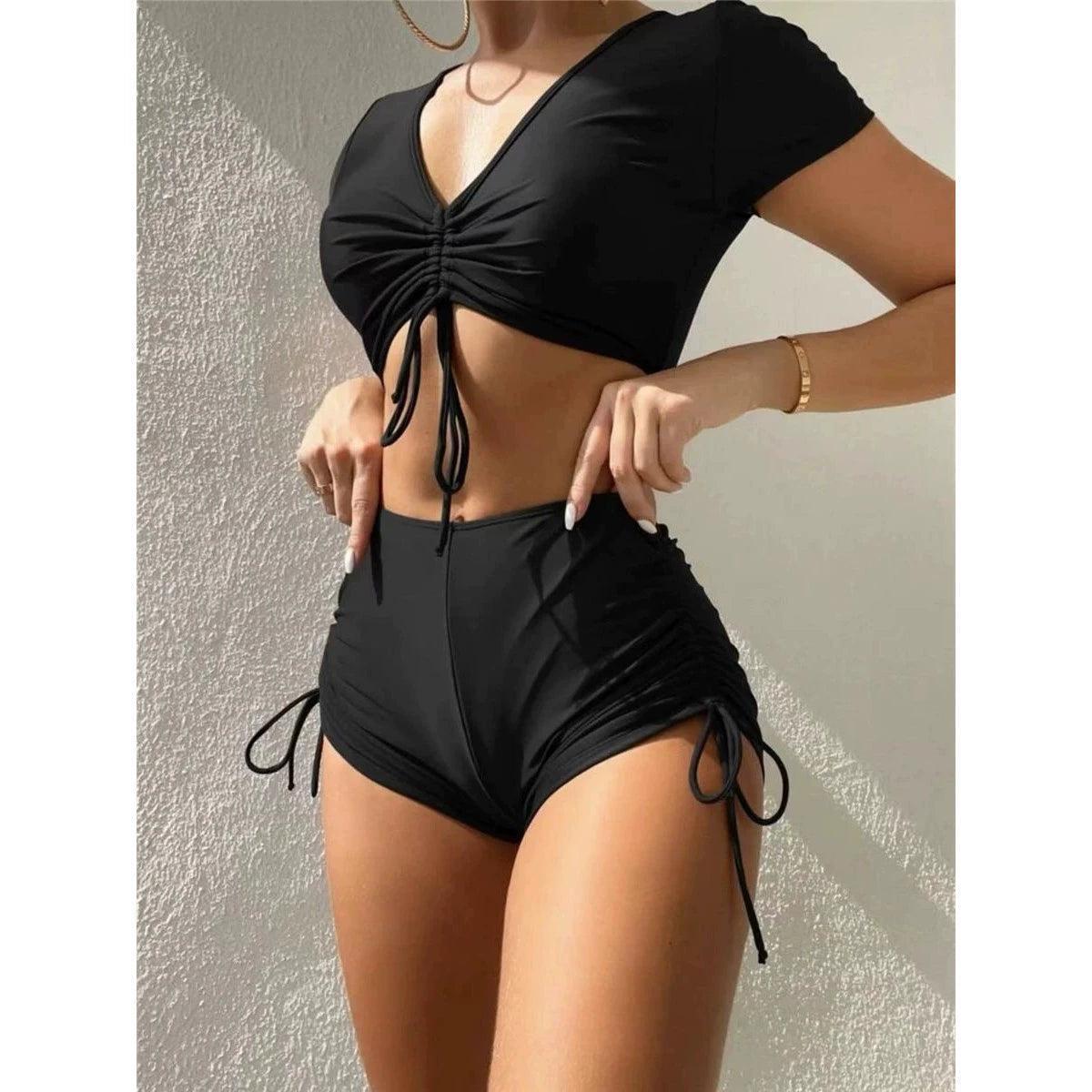 Women’s Drawstring Crop Top Swimsuit – Solid Color - ClubOn