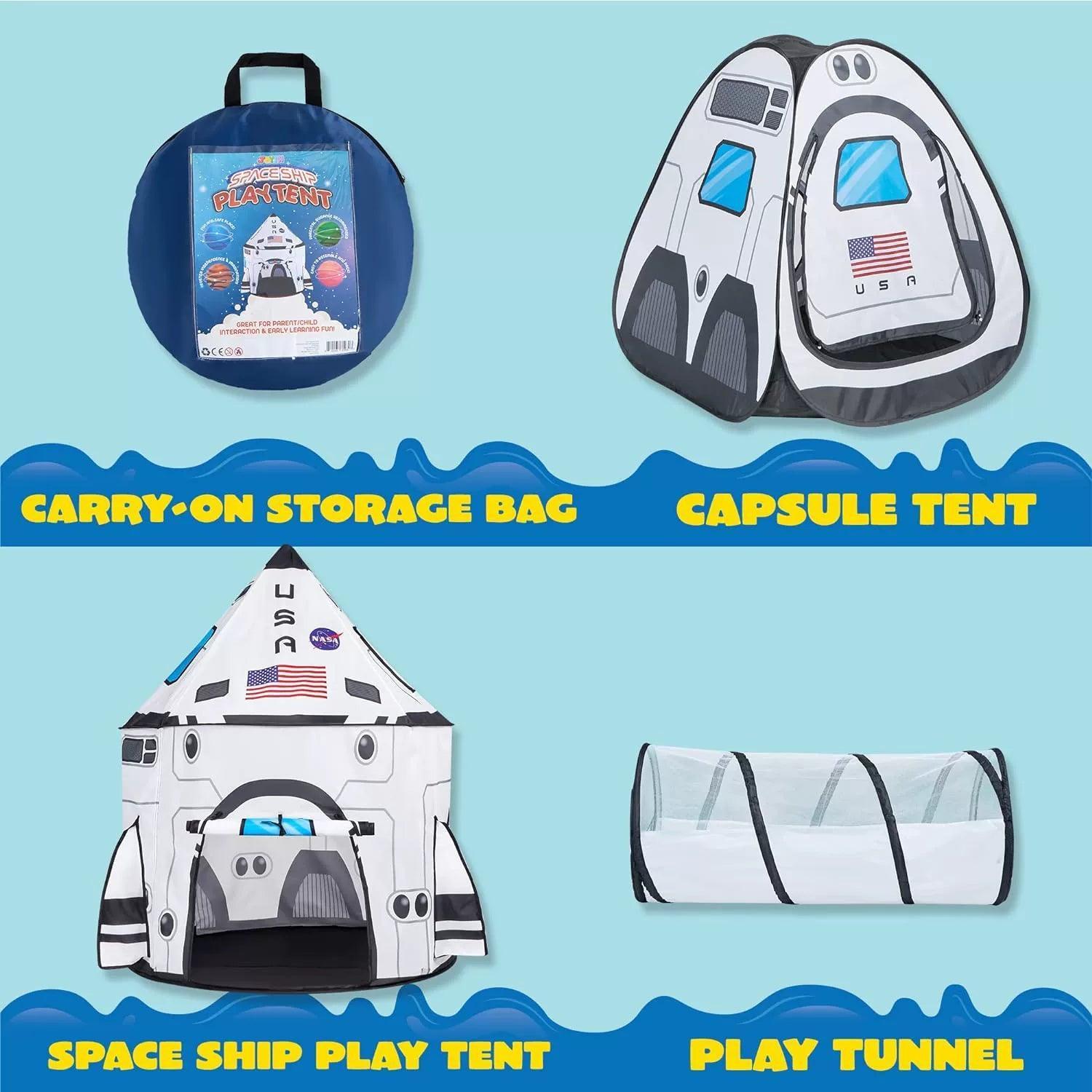 White Rocket Ship Pop-Up Play Tent & Tunnel Set for Kids - ClubOn