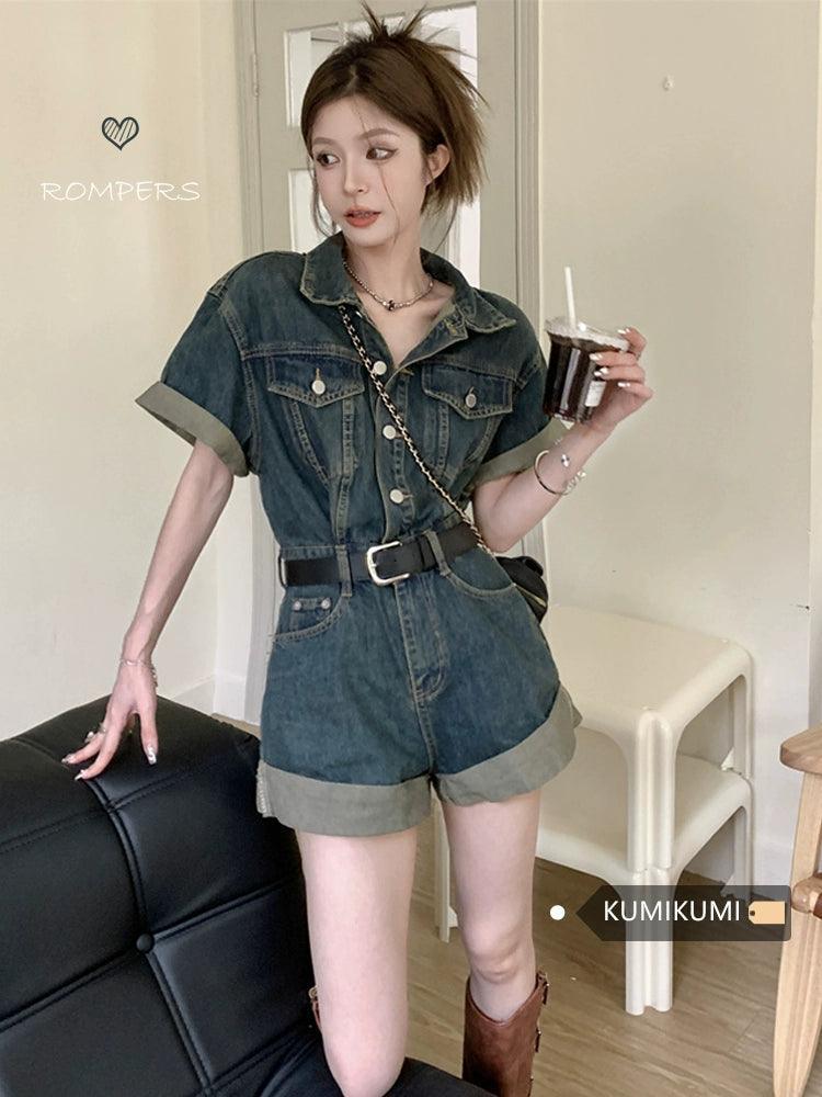 Retro Hong Kong Style Denim Jumpsuit for Women - ClubOn