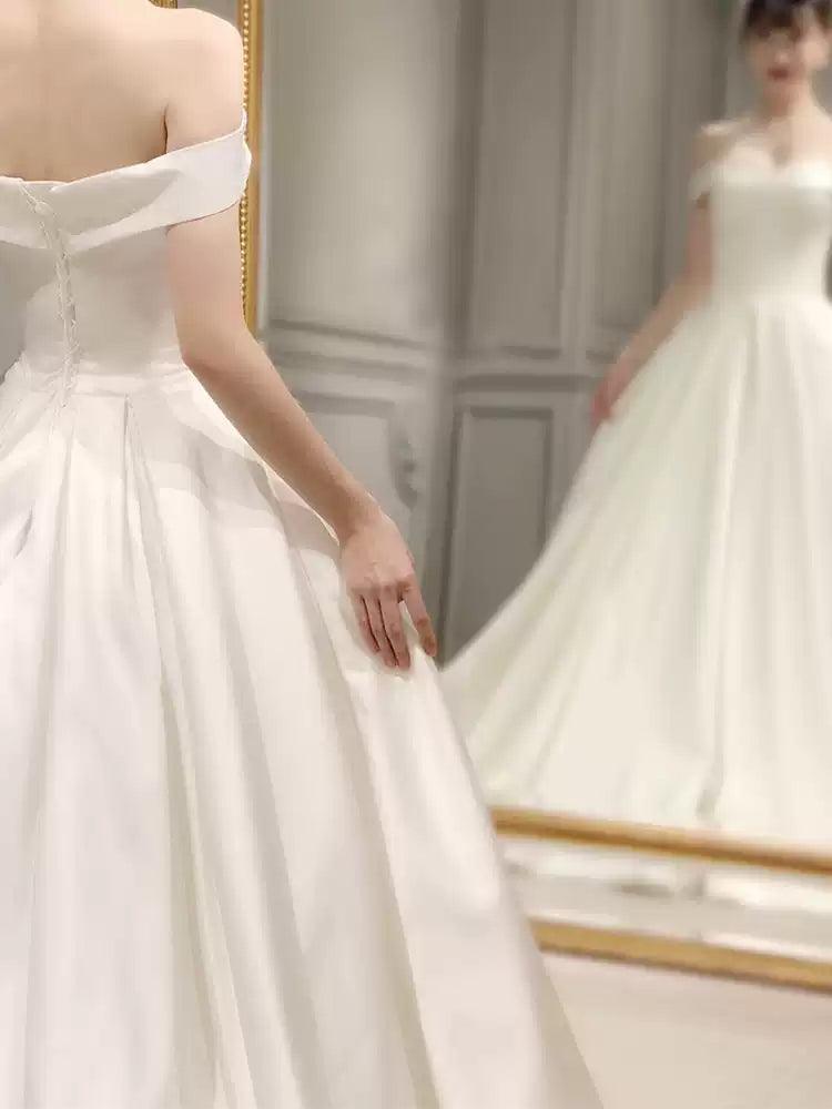 Off-Shoulder Bridal Gown - Vintage Satin Floor-Length Dress for Petite Brides, Simple Summer Photoshoot Gown - ClubOn