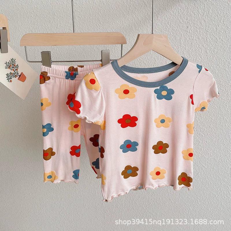 Girls Flower Print Pajamas: Summer Thin Casual Set - ClubOn