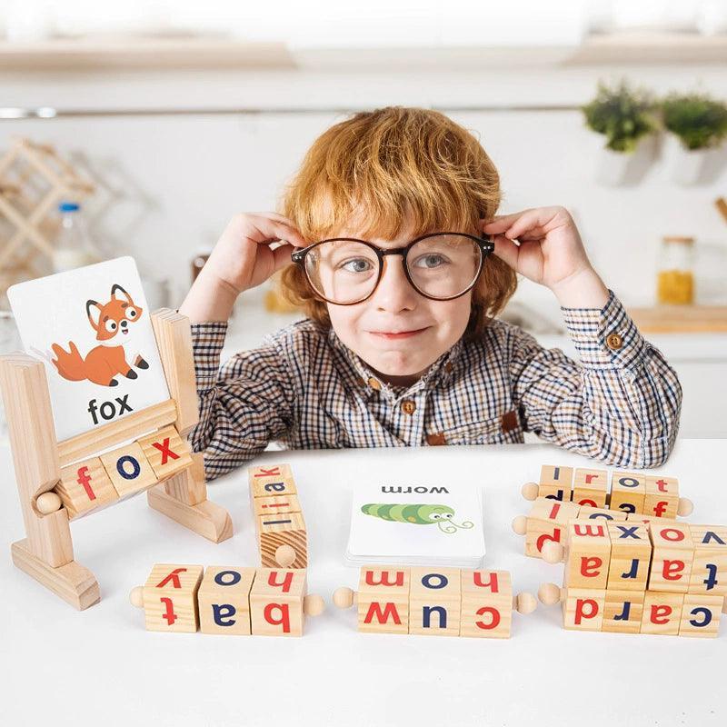 Wooden Reading Blocks - Short Vowel Spelling Game for Kids - ClubOn